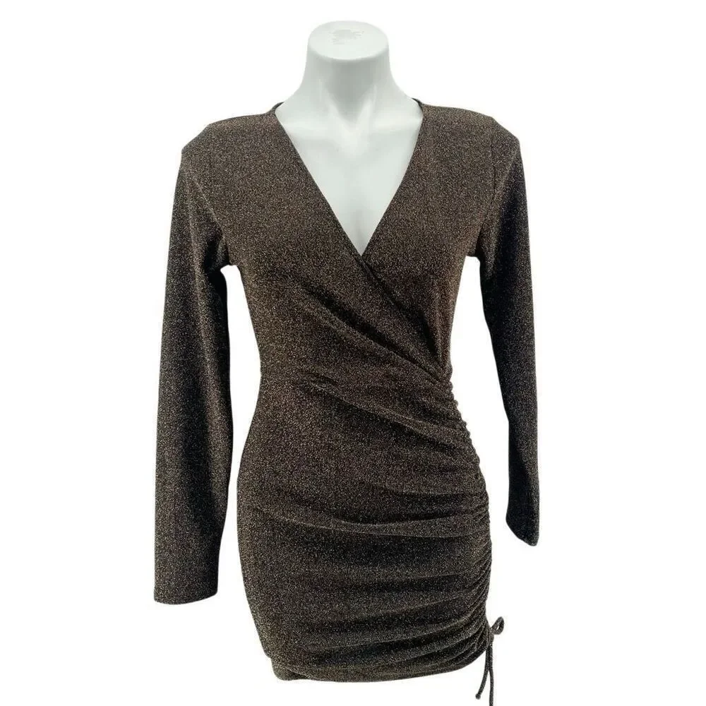 Rolla Coster Gold Metallic Long Sleeve Ruched Bodycon Mini Dress NWT Medium